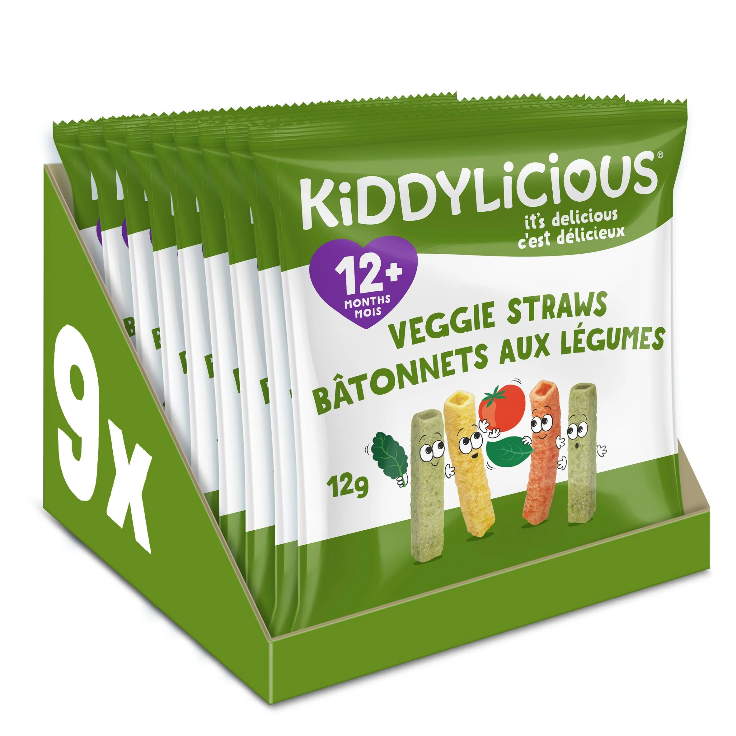 Kiddylicious Veggie Straws - Crunchy Snack for Babies 12+ Months - Gluten Free, Vegan - 9 Portions, 108g - Canadian Distribution - Ships Free Within Canada on Orders Above CAD $199