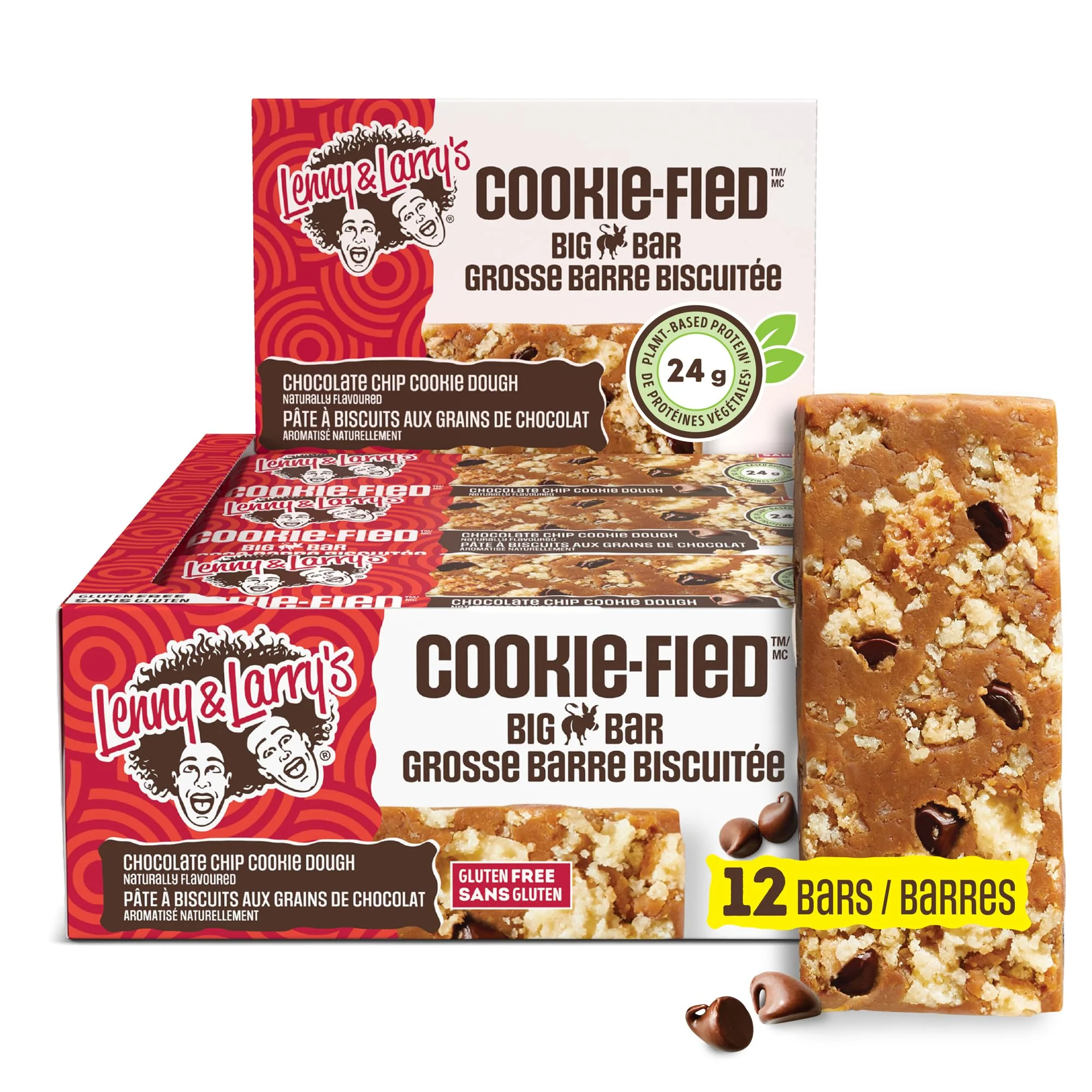 Lenny & Larry's Cookie-fied BIG BAR – Chocolate Chip Cookie Dough Vegan Protein Bars (12 x 90g) – 24g Plant Protein, 10g Prebiotic Fiber, Gluten-Free Snack - Canadian Distribution - Ships Free Within Canada on Orders Above CAD $199