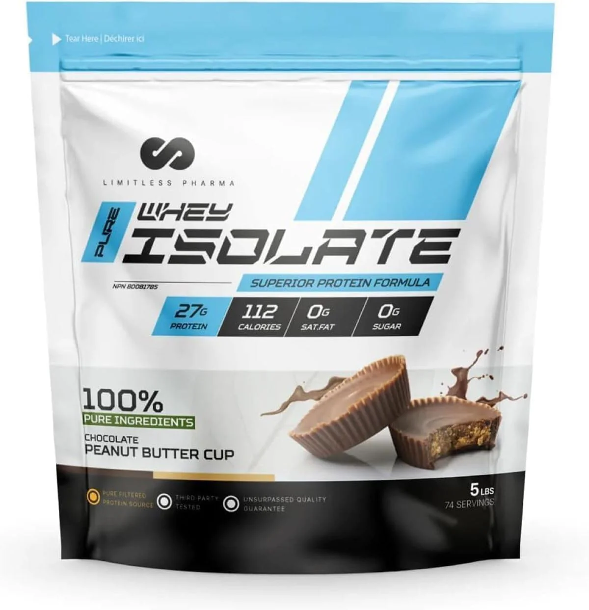 Limitless Pharma – Pure Whey Isolate – Chocolate Peanut Butter Cup – 5 lb - Canadian Distribution - Ships Free Within Canada on Orders Above CAD $199