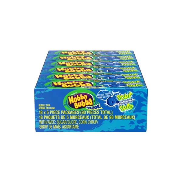 Max Sour Blue Raspberry - 72 x Packs of 5 - Hubba Bubba - Canadian Distribution - Ships Free Within Canada on Orders Above CAD $199