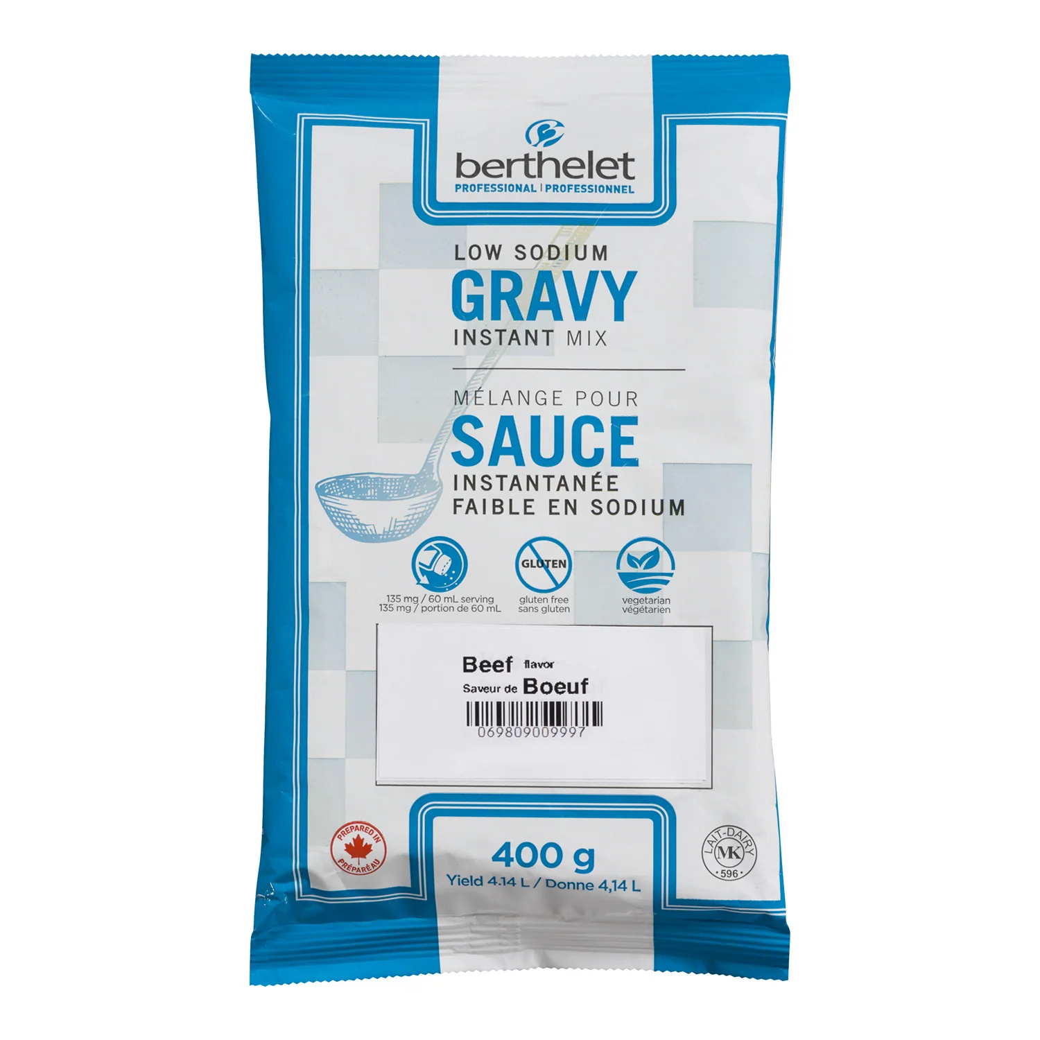 Mix Gravy Beef Low-Sodium Instant - 6 x 400 g - Berthel Profess - Restaurant and Foodservice Ingredients - Canadian Distribution - Ships Free Within Canada on Orders Above CAD $199