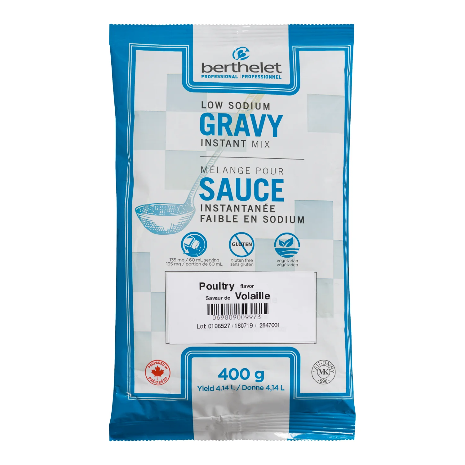 Mix Gravy Poultry Low-Sodium Instant - 6 x 400 g - Berthel Profess - Restaurant and Foodservice Ingredients - Canadian Distribution - Ships Free Within Canada on Orders Above CAD $199