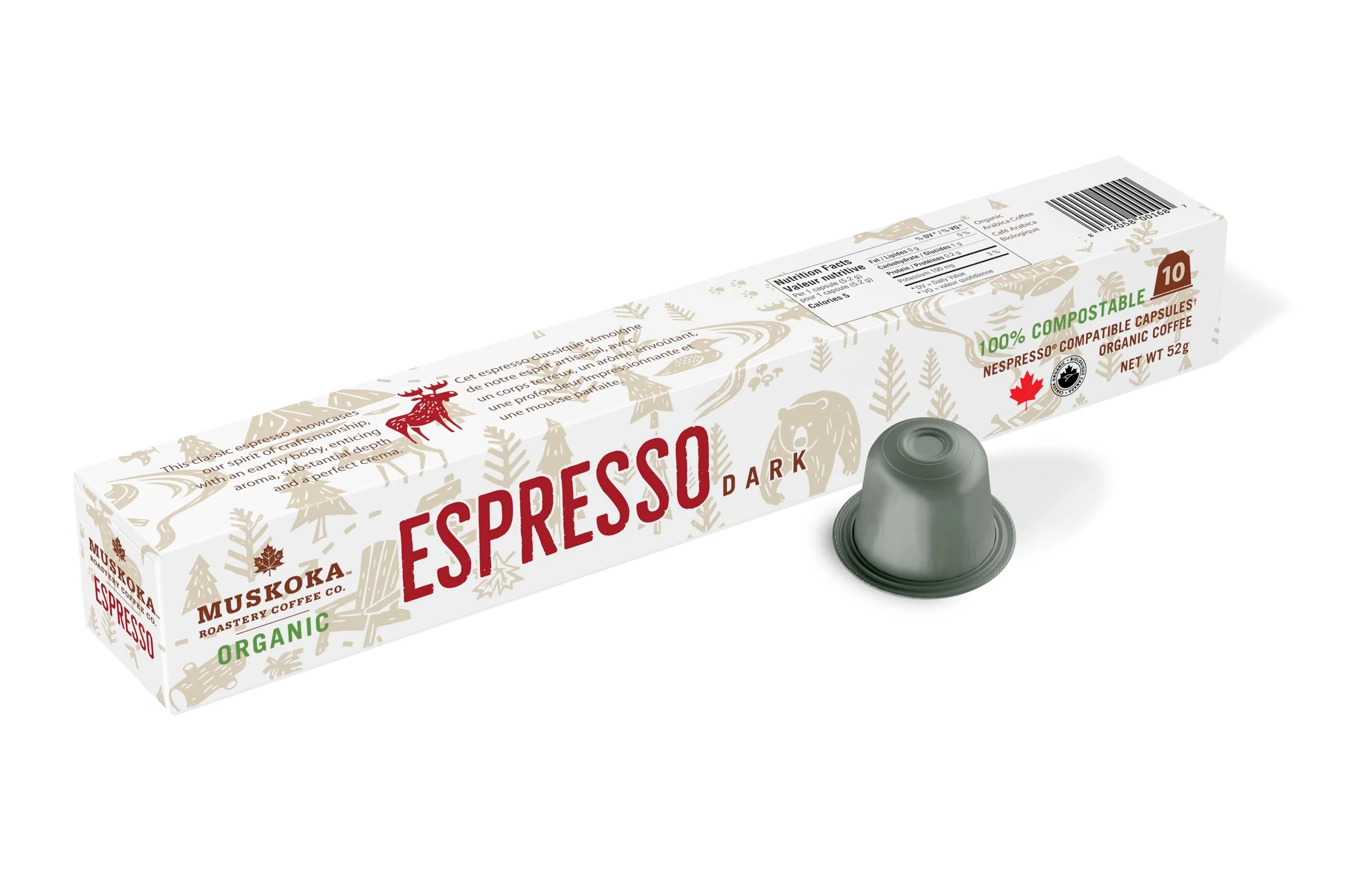 Muskoka Roastery Coffee, Organic Espresso Pods, Dark Roast, 10-Count Espresso Capsules, Compatible with Nespresso Original Line Machines