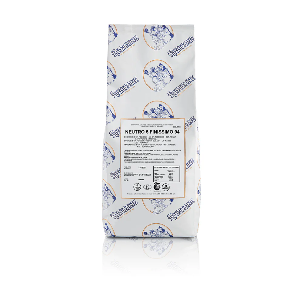 "PRE-ORDER" Neutro 5 Finissimo 94 - Gelato Bases - Fruit Bases - Cold and Hot Process - Case of 8 x 1.5 KG bags - Rubicone Canada - Ships Free Within Canada on Orders Above CAD $199