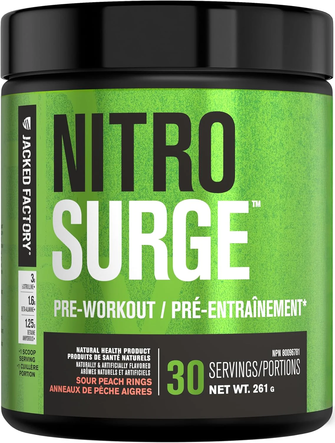 NITROSURGE – Pre Workout Powder – Sour Peach Rings – 30 Servings – Ships Free Within Canada on Orders Above CAD $199