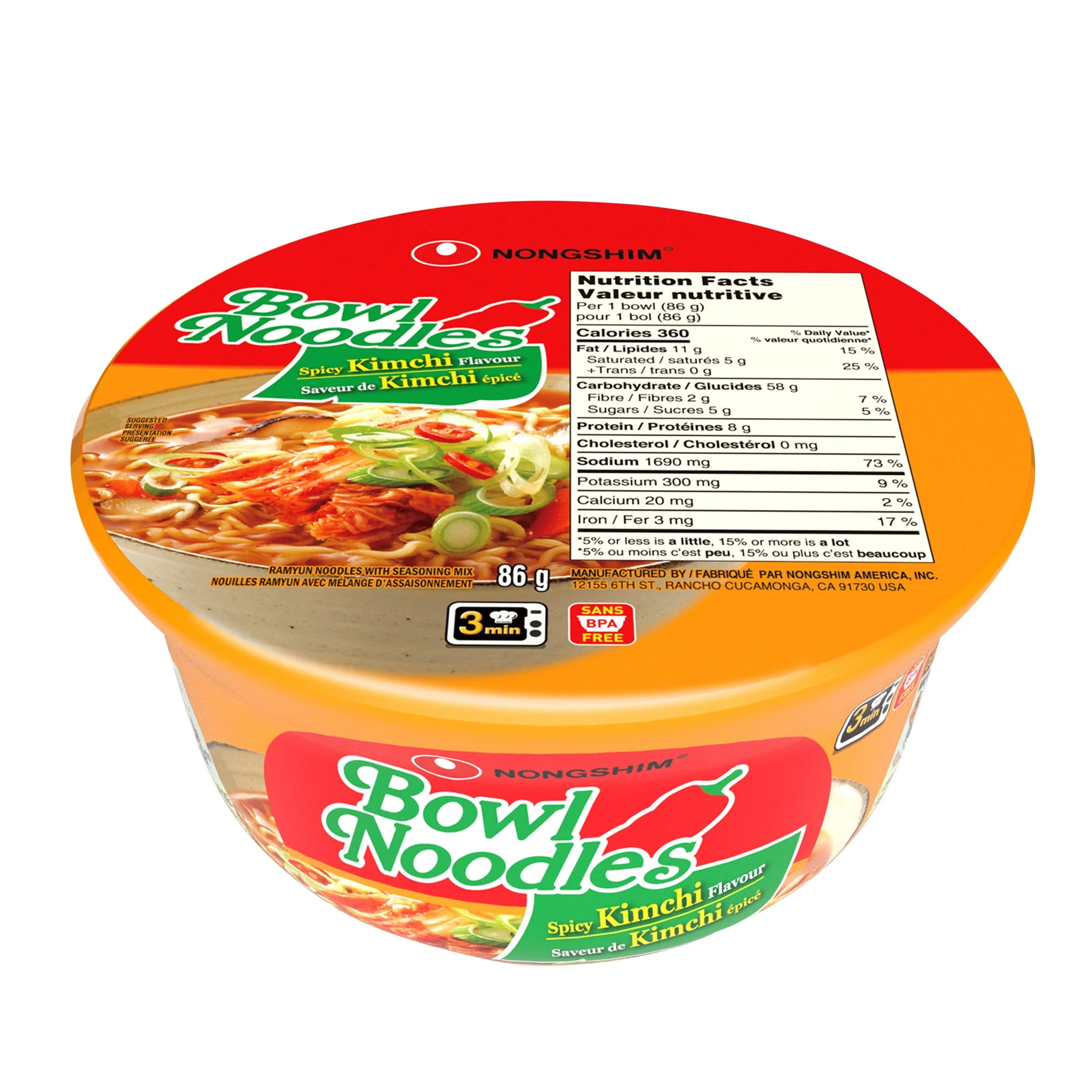 Nongshim Spicy Kimchi Noodle Soup Bowls - 48 × 86 g - Grocery and Food Items - Canadian Distribution - Ships Free Within Canada on Orders Above CAD $199 - Image 2