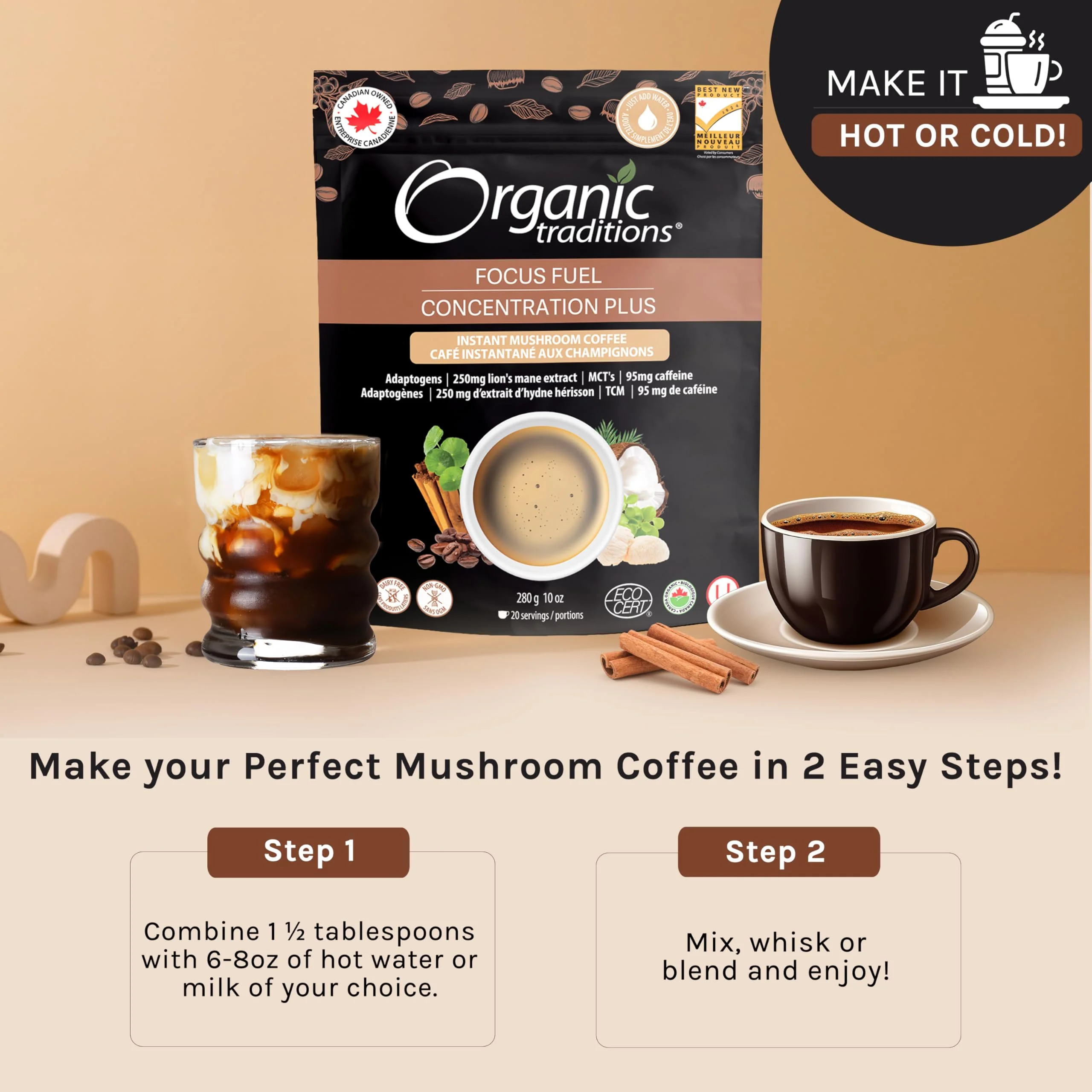 Organic Traditions – Focus Fuel Mushroom Coffee – Instant Blend – 280g - Canadian Distribution - Ships Free Within Canada on Orders Above CAD $199 - Image 3