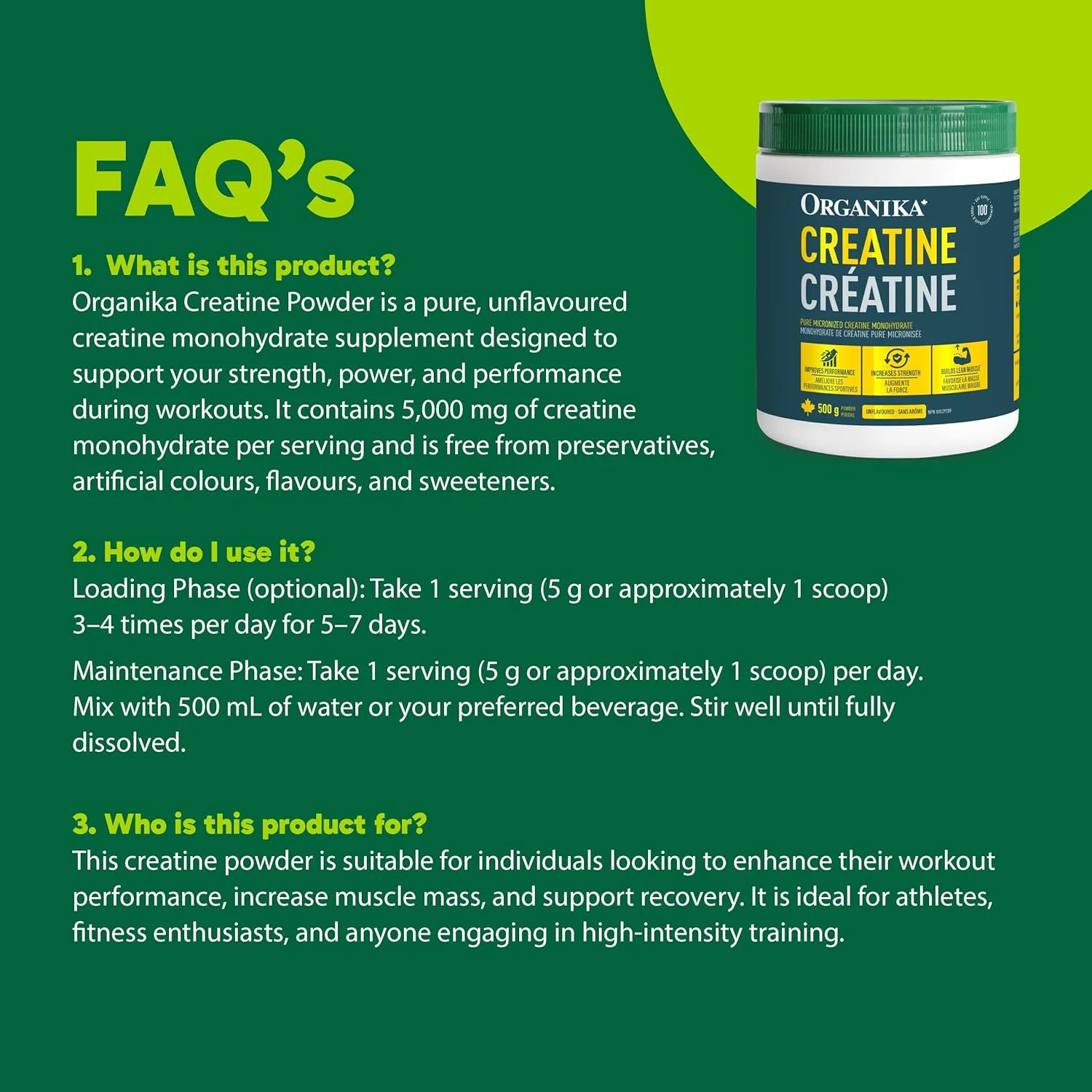 Organika – Creatine Monohydrate Powder – 500 g, 100 Servings – Ships Free Within Canada on Orders Above CAD $199 - Image 5
