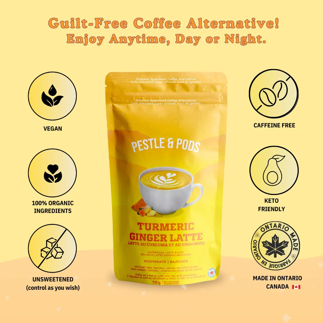 PESTLE & PODS Golden Turmeric Latte Blend | Organic Turmeric, Ginger, Cardamom, Cinnamon & Black Pepper | Caffeine-Free Coffee Alternative | 70g, 40 Servings - Canadian Distribution - Ships Free Within Canada on Orders Above CAD $199 - Image 6