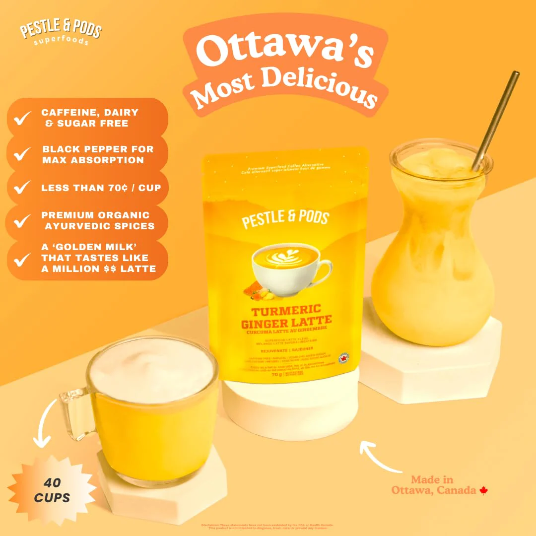 PESTLE & PODS Golden Turmeric Latte Blend | Organic Turmeric, Ginger, Cardamom, Cinnamon & Black Pepper | Caffeine-Free Coffee Alternative | 70g, 40 Servings - Canadian Distribution - Ships Free Within Canada on Orders Above CAD $199 - Image 7