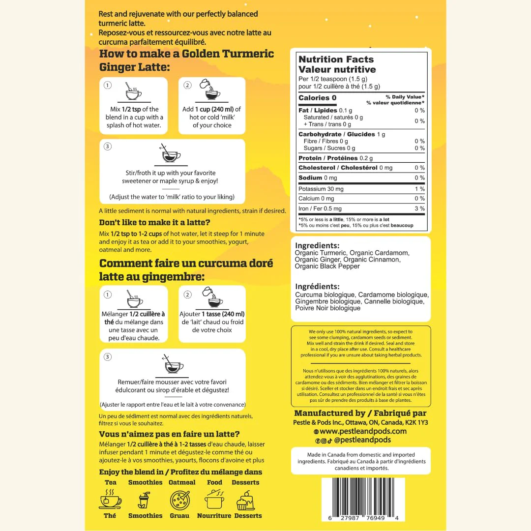 PESTLE & PODS Golden Turmeric Latte Blend | Organic Turmeric, Ginger, Cardamom, Cinnamon & Black Pepper | Caffeine-Free Coffee Alternative | 70g, 40 Servings - Canadian Distribution - Ships Free Within Canada on Orders Above CAD $199 - Image 8