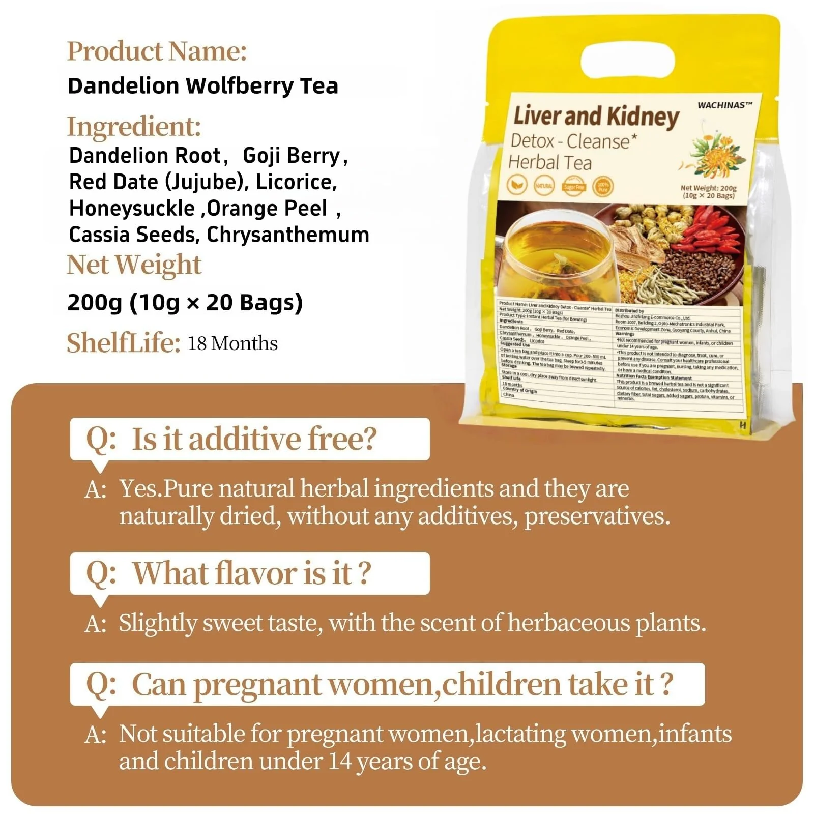 Premium Dandelion Root Tea – Detox Herbal Blend – Original – 20 Tea Bags – With goji licorice chrysanthemum - Canadian Distribution - Ships Free Within Canada on Orders Above CAD $199 - Image 2