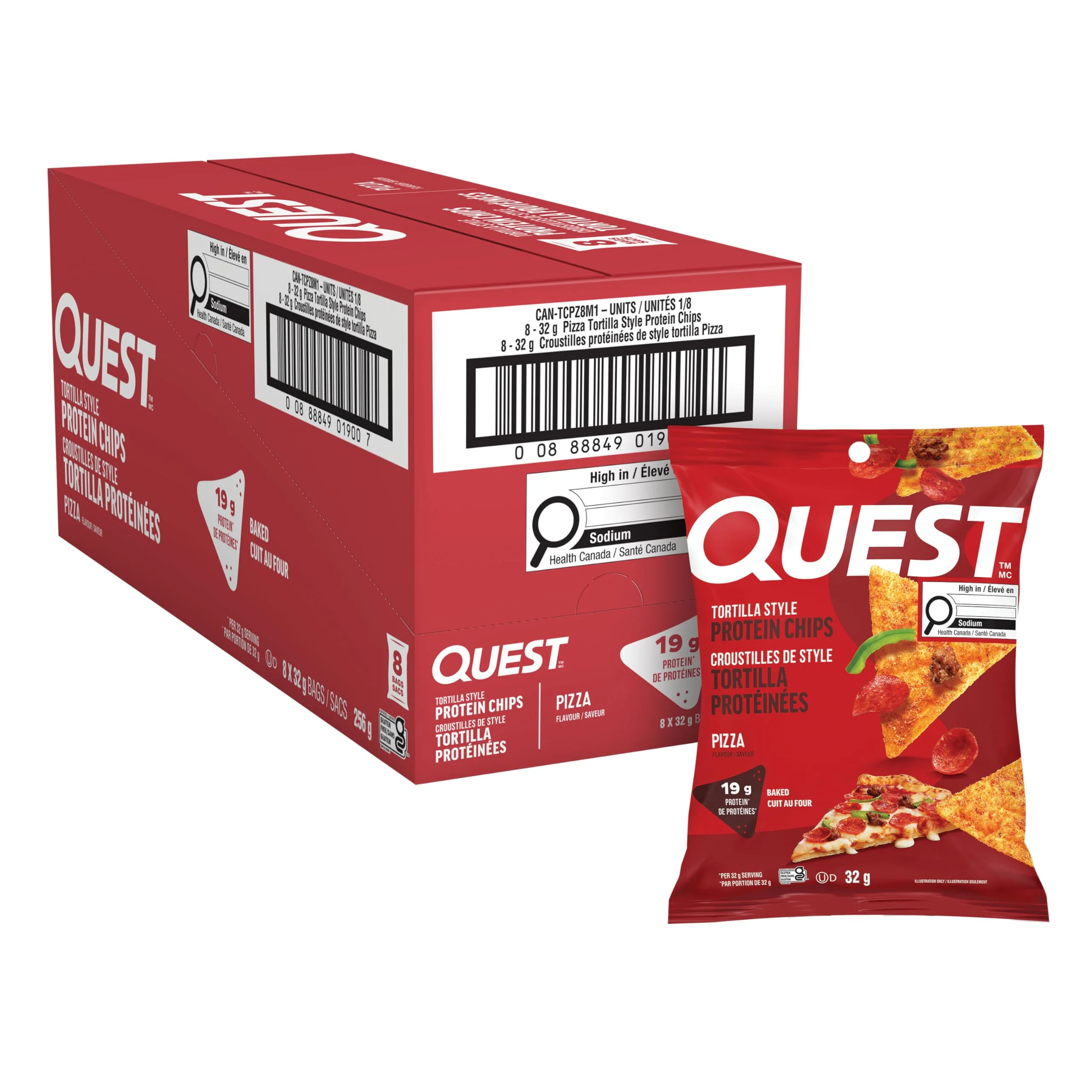Quest Pizza Flavoured Tortilla Style Protein Chips, High Protein, Gluten Free, 8ct - Canadian Distribution - Ships Free Within Canada on Orders Above CAD $199