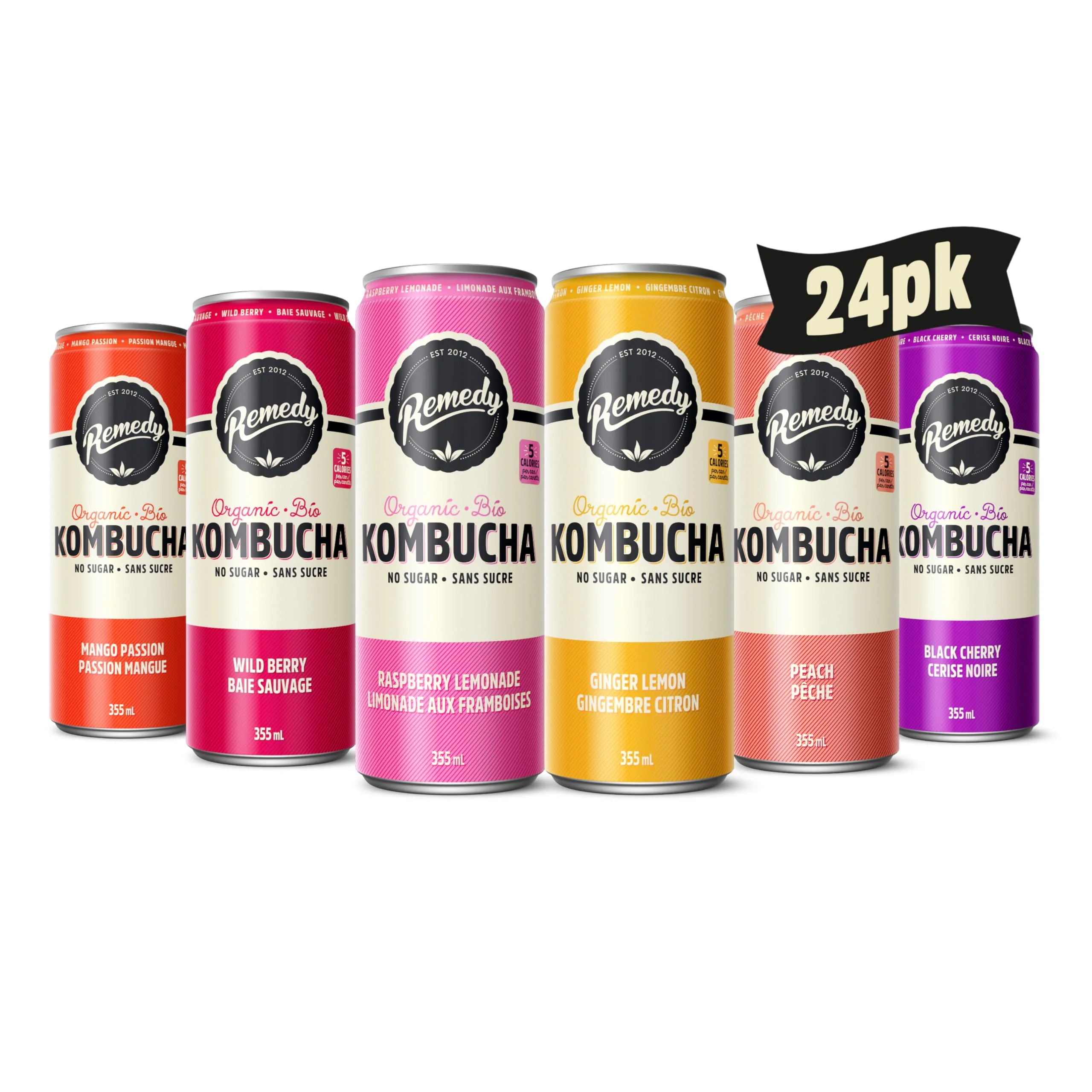 Remedy - Kombucha Variety Pack - Sugar-Free Organic Sparkling Drink - 24 x 355mL - Canadian Distribution - Ships Free Within Canada on Orders Above CAD $199