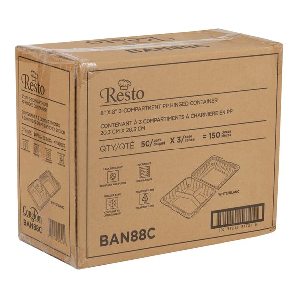 Resto Hinged 3-compartment MFPP Container 8 in × 8 in - Pack of 150  - Disposables, Restaurant Packaging and Take-Out Supplies - Canadian Distribution - Ships Free Within Canada on Orders Above CAD $199 - Image 3