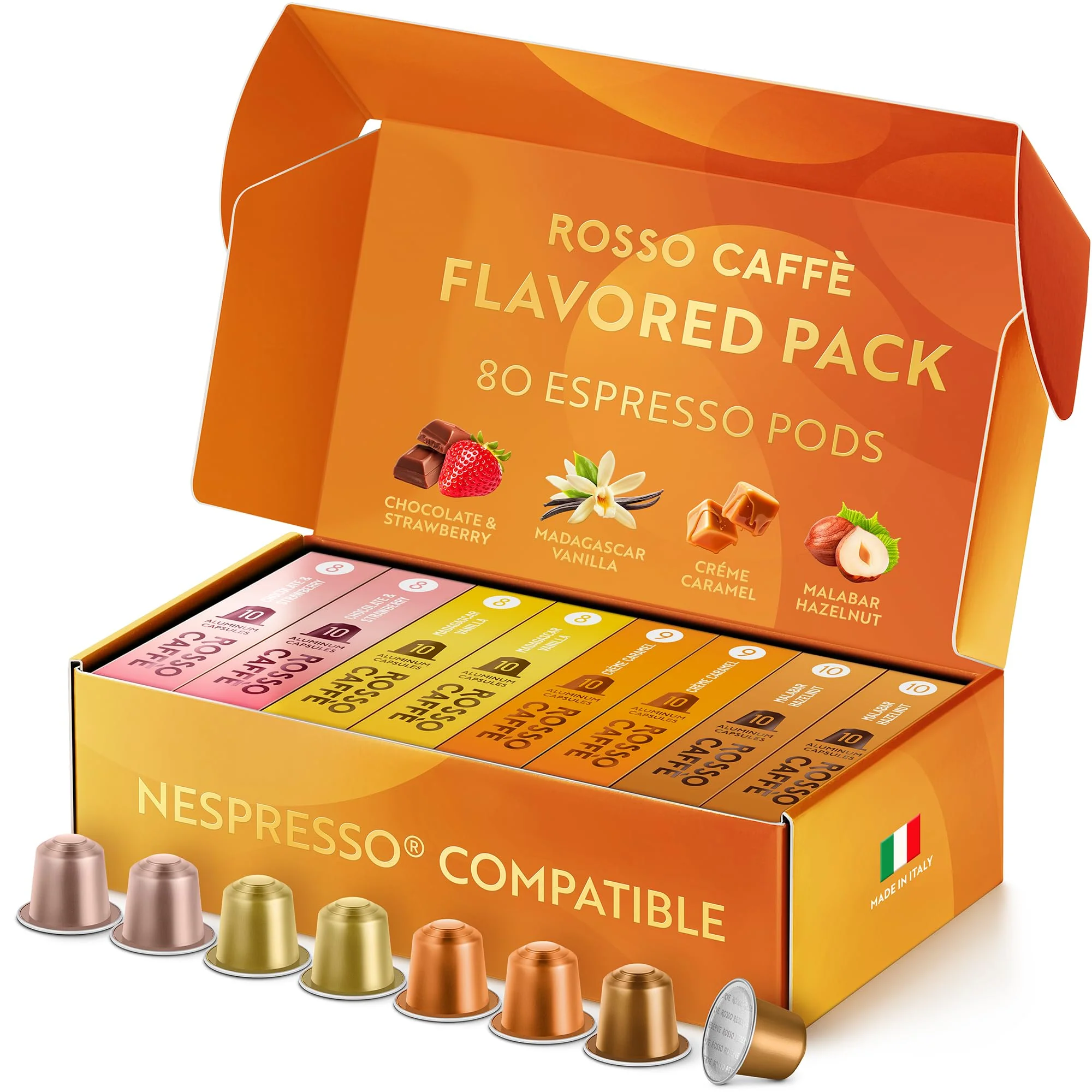 Rosso Caffè – Espresso Coffee Pods – Flavored Pack – 80 Pods - Canadian Distribution - Ships Free Within Canada on Orders Above CAD $199