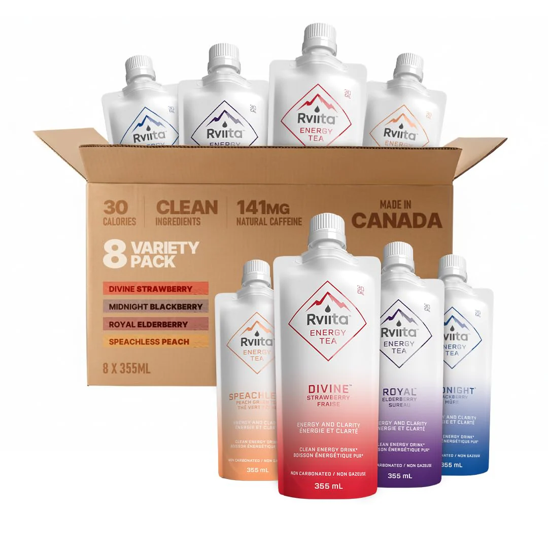 Rviita – Energy Tea – Variety Pack – 141mg Caffeine – 355ml x 8 - Canadian Distribution - Ships Free Within Canada on Orders Above CAD $199