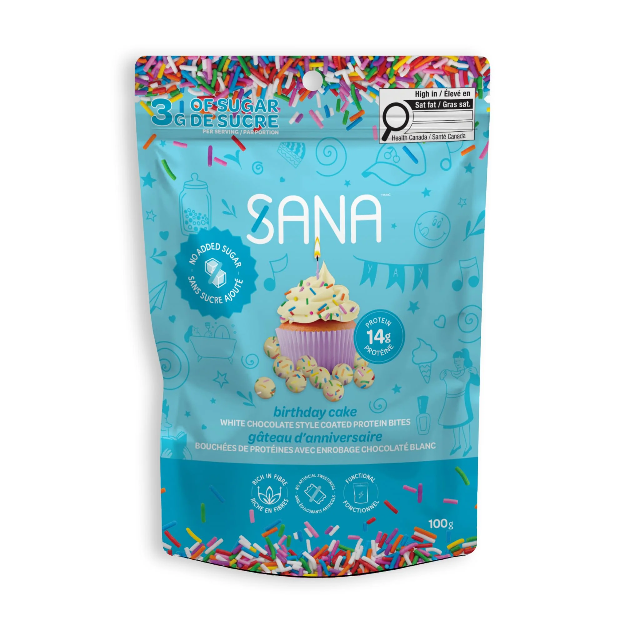 Sana Protein Bites Birthday Cake | 2 x Single Pack | Gluten Free & Keto Friendly, Sugar Free - Canadian Distribution - Ships Free Within Canada on Orders Above CAD $199