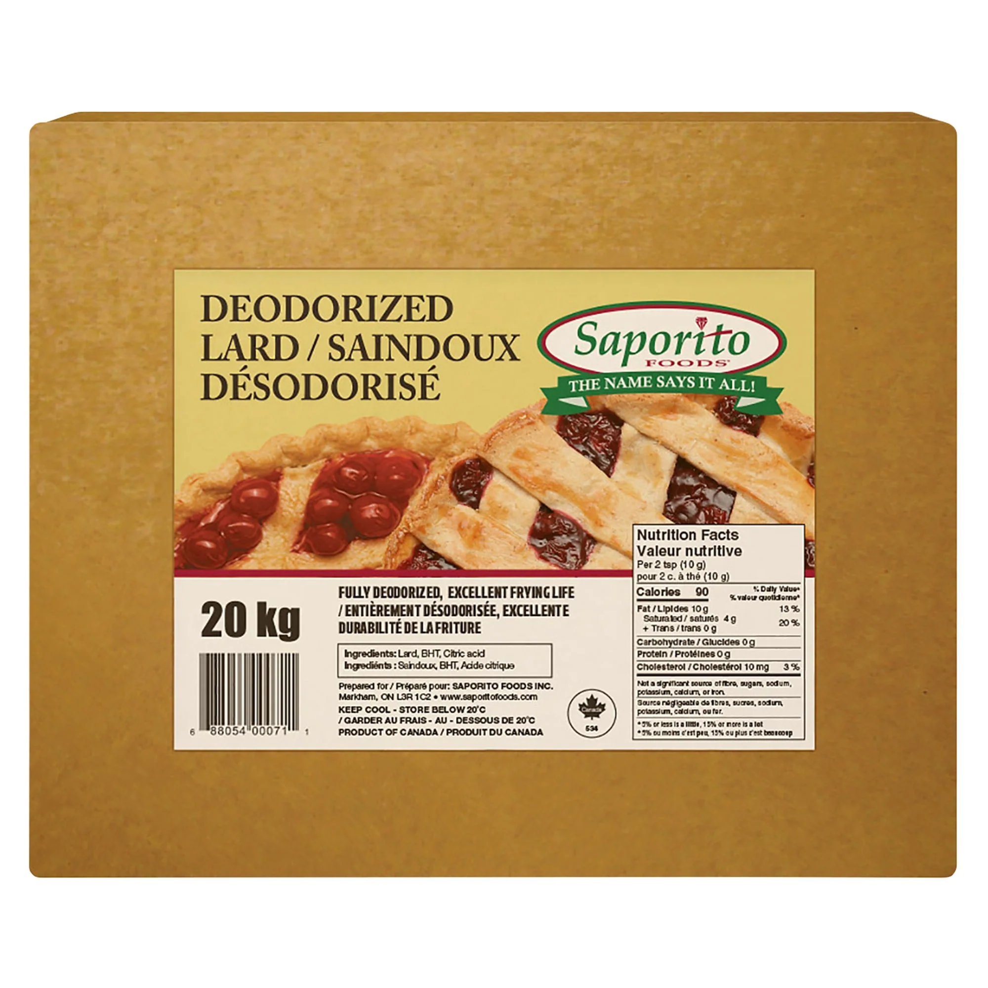 Saporito Deodorized Lard - 2 x 20 kg - Grocery and Food Items - Canadian Distribution - Ships Free Within Canada on Orders Above CAD $199