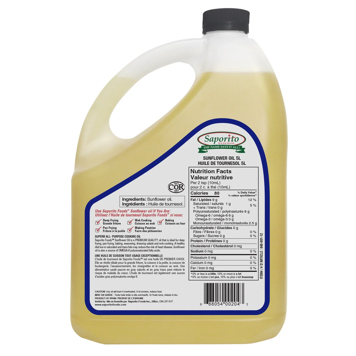 Saporito Sunflower Oil - 4 x 5 L - Grocery and Food Items - Canadian Distribution - Ships Free Within Canada on Orders Above CAD $199 - Image 2
