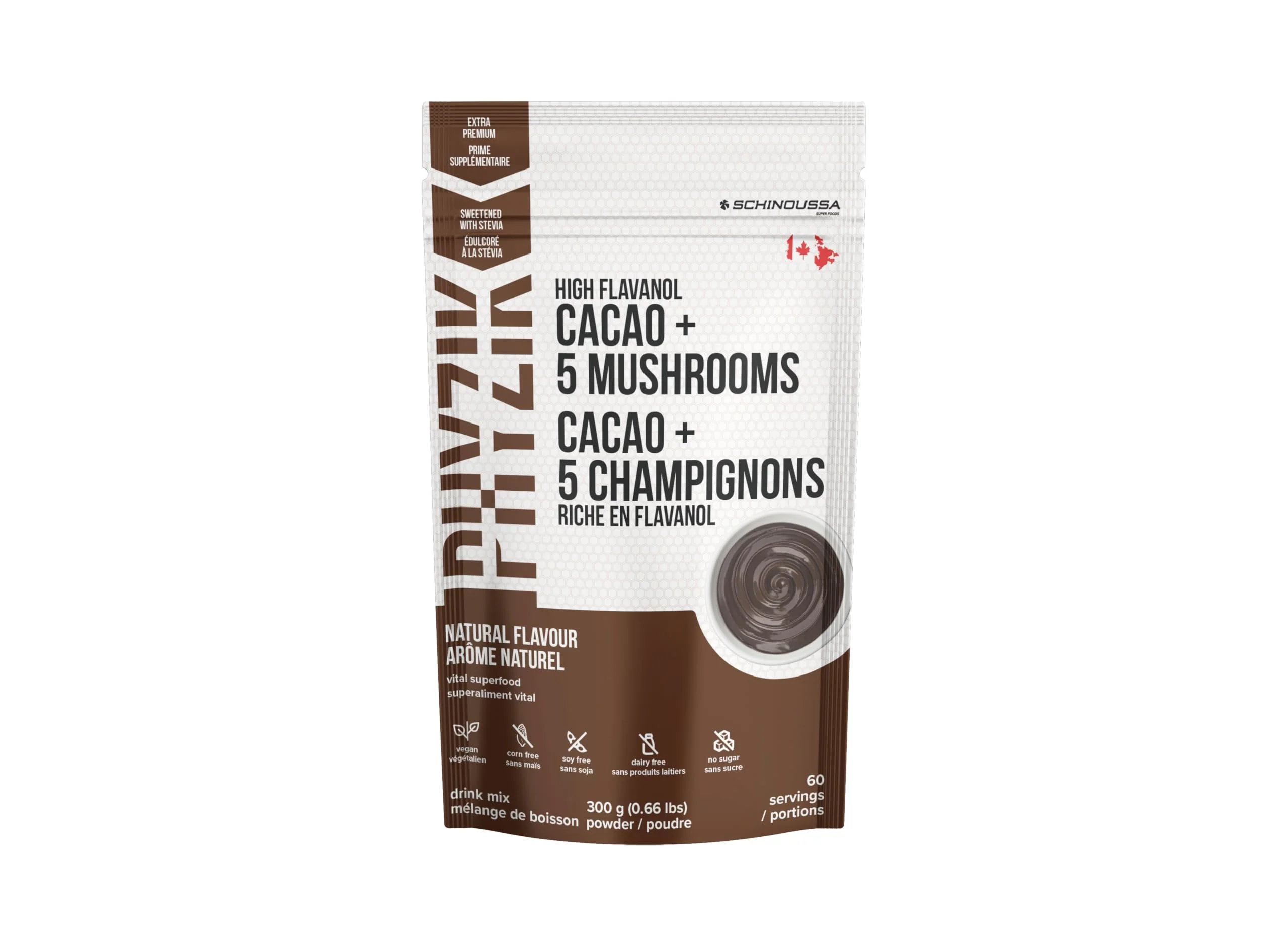 Schinoussa High Flavanol Cacao + 5 Mushrooms Superfood Powder – 300g (60 Servings) | Vegan, Gluten-Free, Antioxidant-Rich Blend - Canadian Distribution - Ships Free Within Canada on Orders Above CAD $199