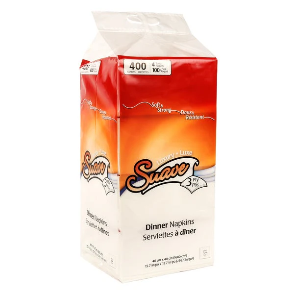 Suave 3-ply 1/4 Fold Dinner Napkins - 4 packs of 100  - Disposables, Restaurant Packaging and Take-Out Supplies - Canadian Distribution - Ships Free Within Canada on Orders Above CAD $199