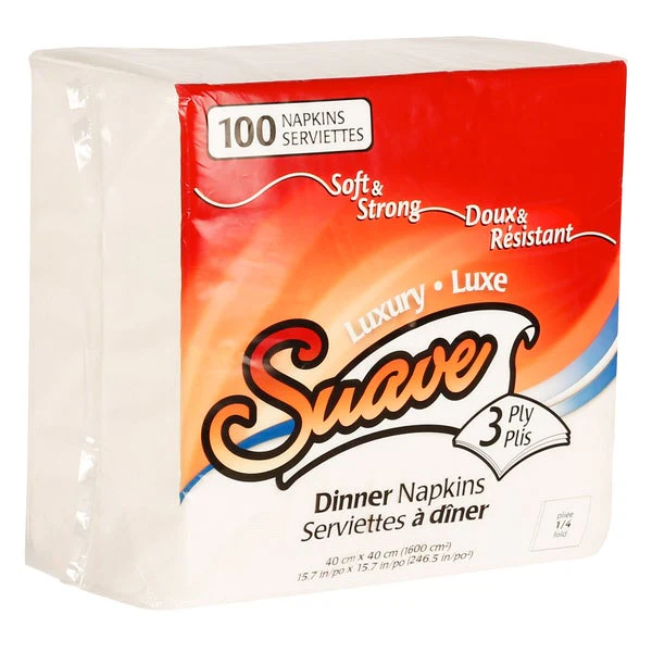 Suave 3-ply 1/4 Fold Dinner Napkins - 4 packs of 100  - Disposables, Restaurant Packaging and Take-Out Supplies - Canadian Distribution - Ships Free Within Canada on Orders Above CAD $199 - Image 2
