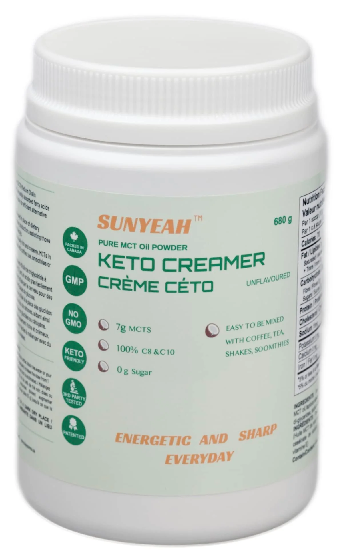 SUNYEAH – MCT Oil Powder – Unflavoured – 68 Servings – Pure C8 C10 - Canadian Distribution - Ships Free Within Canada on Orders Above CAD $199