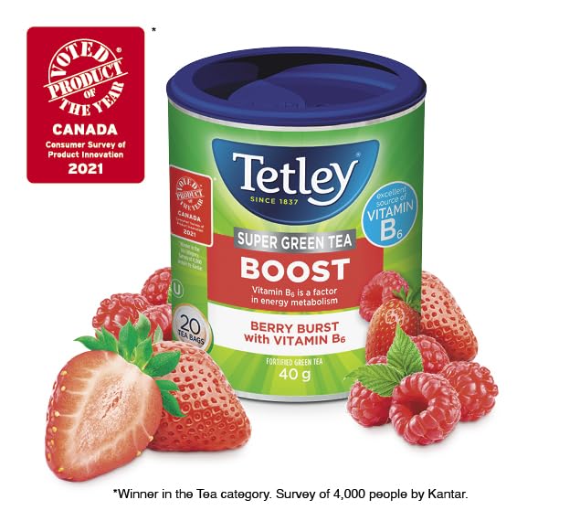 Tetley Super Green Tea Boost Berry Burst – Raspberry & Strawberry Flavored Green Tea, 20 Tea Bags per Box, 6-Pack Bundle, Kosher Certified - Canadian Distribution - Ships Free Within Canada on Orders Above CAD $199 - Image 2