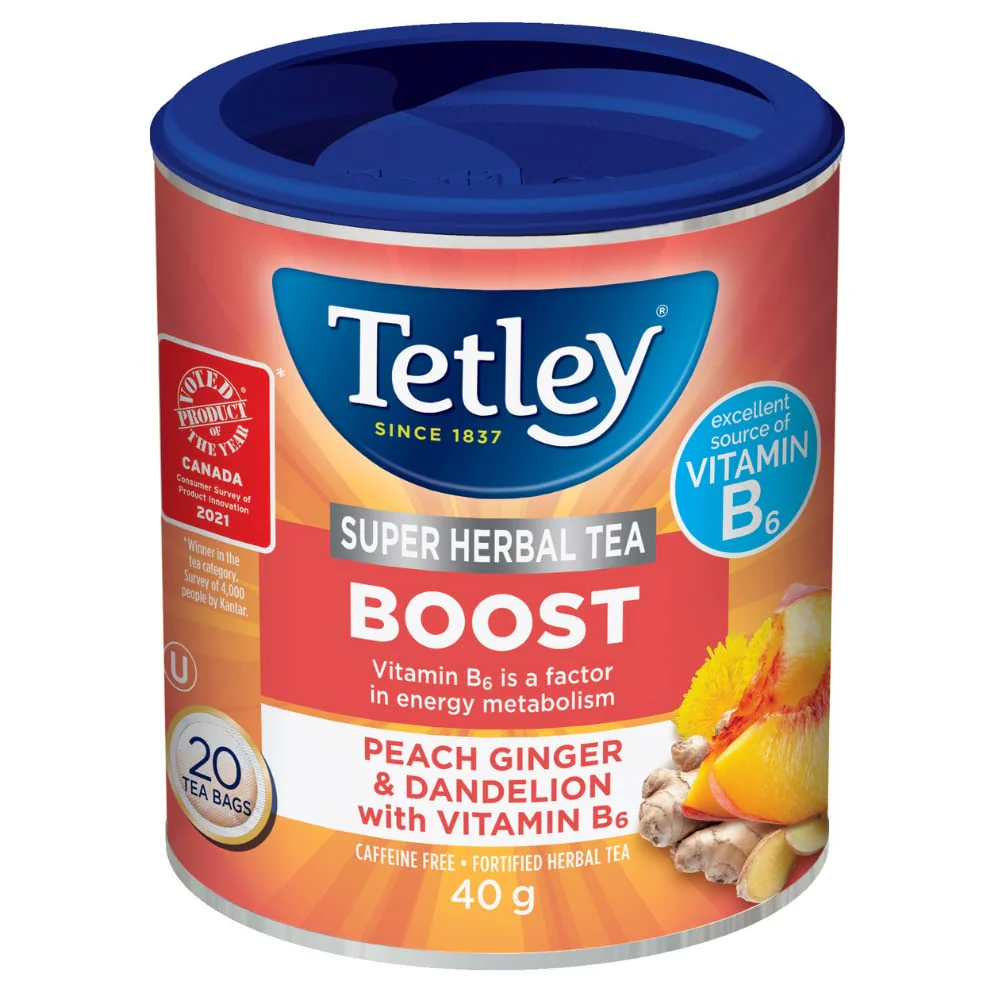 Tetley Super Herbal Boost Peach Ginger & Dandelion Tea – 6 Pack (120 Tea Bags) - Canadian Distribution - Ships Free Within Canada on Orders Above CAD $199