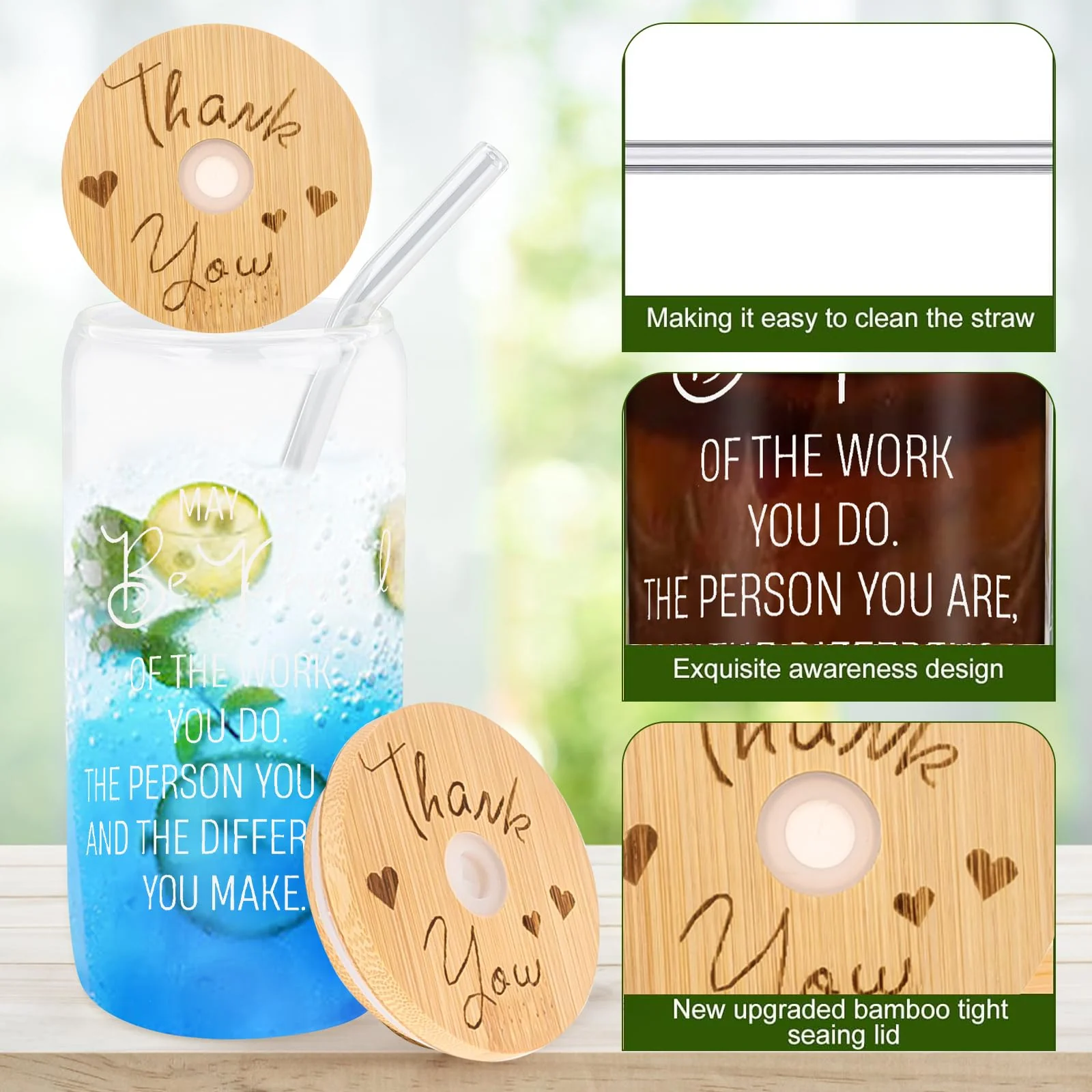 Thank You Gift - 6 Pack - Glass Cup with Bamboo Lids and Straws 16 oz - Gift Ideas - Business Gifts - Canadian Distribution - Image 3