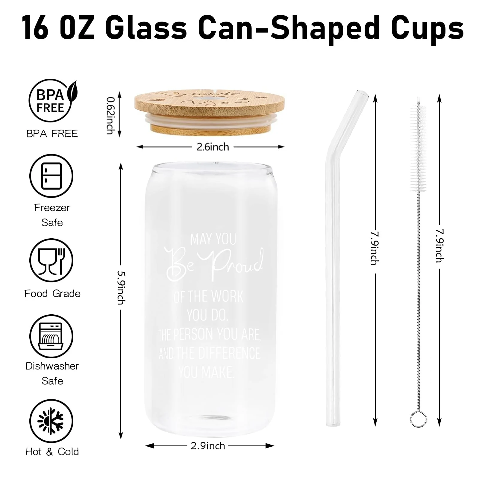 Thank You Gift - 6 Pack - Glass Cup with Bamboo Lids and Straws 16 oz - Gift Ideas - Business Gifts - Canadian Distribution - Image 5