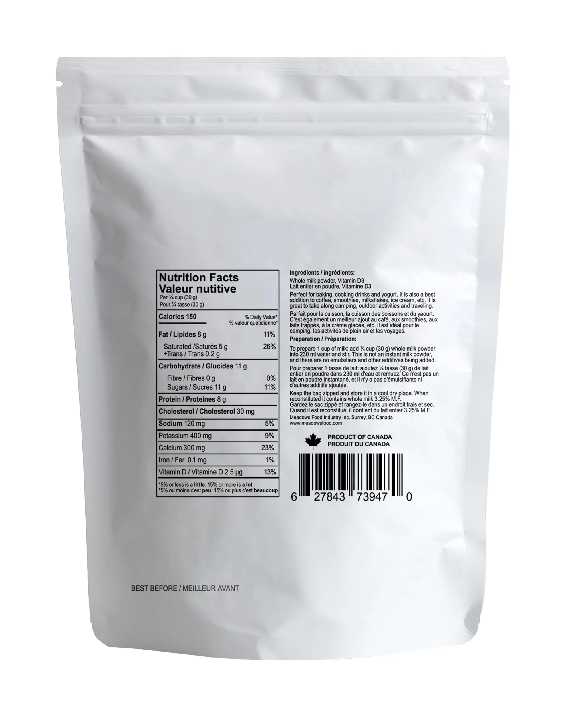 The Meadows – Whole Milk Powder – Canadian, rBGH/rBST Free – 500g - Canadian Distribution - Ships Free Within Canada on Orders Above CAD $199 - Image 2