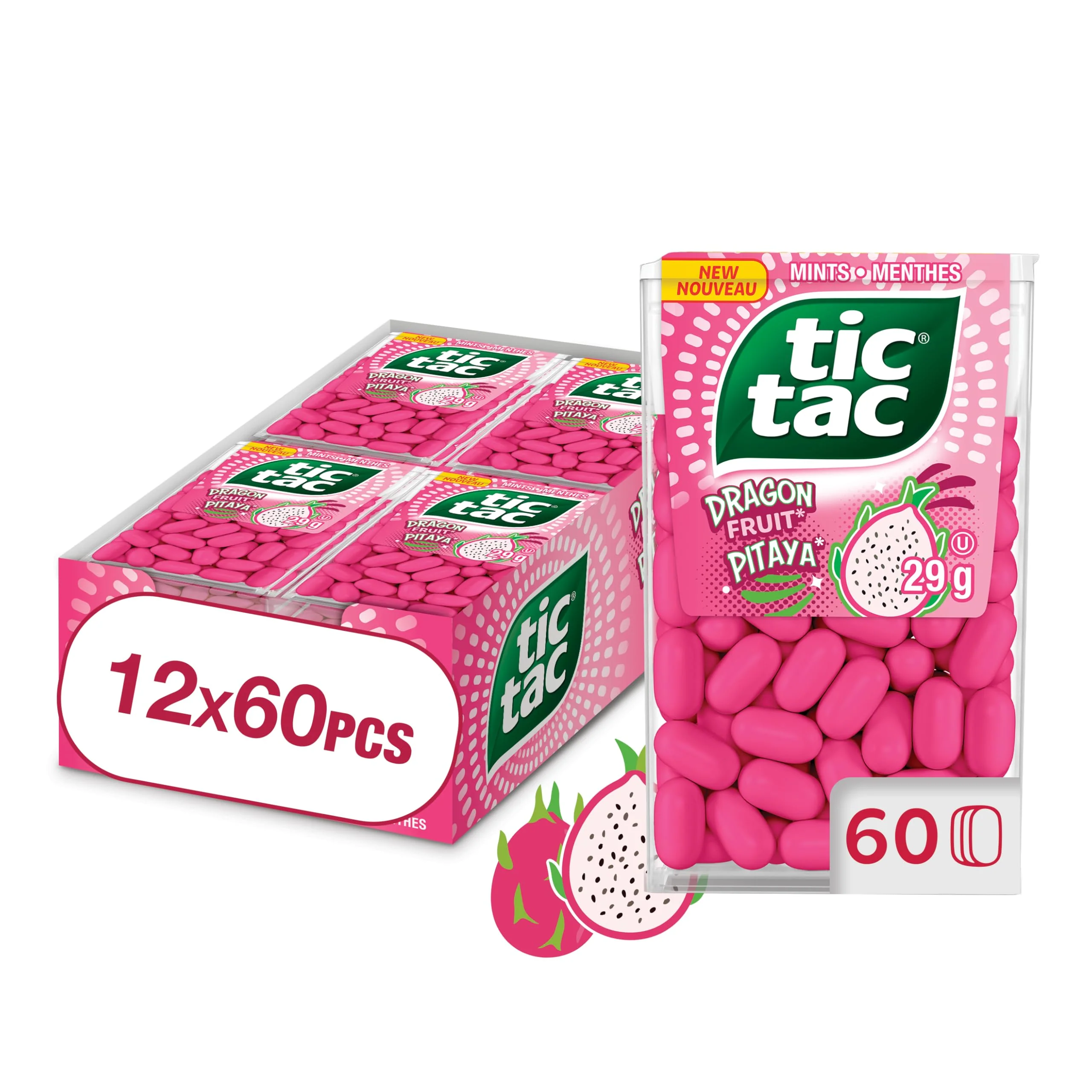 TIC TAC Dragon Fruit Mints – 60 Count Bulk Pack (12 × 29g Singles) - Canadian Distribution - Ships Free Within Canada on Orders Above CAD $199