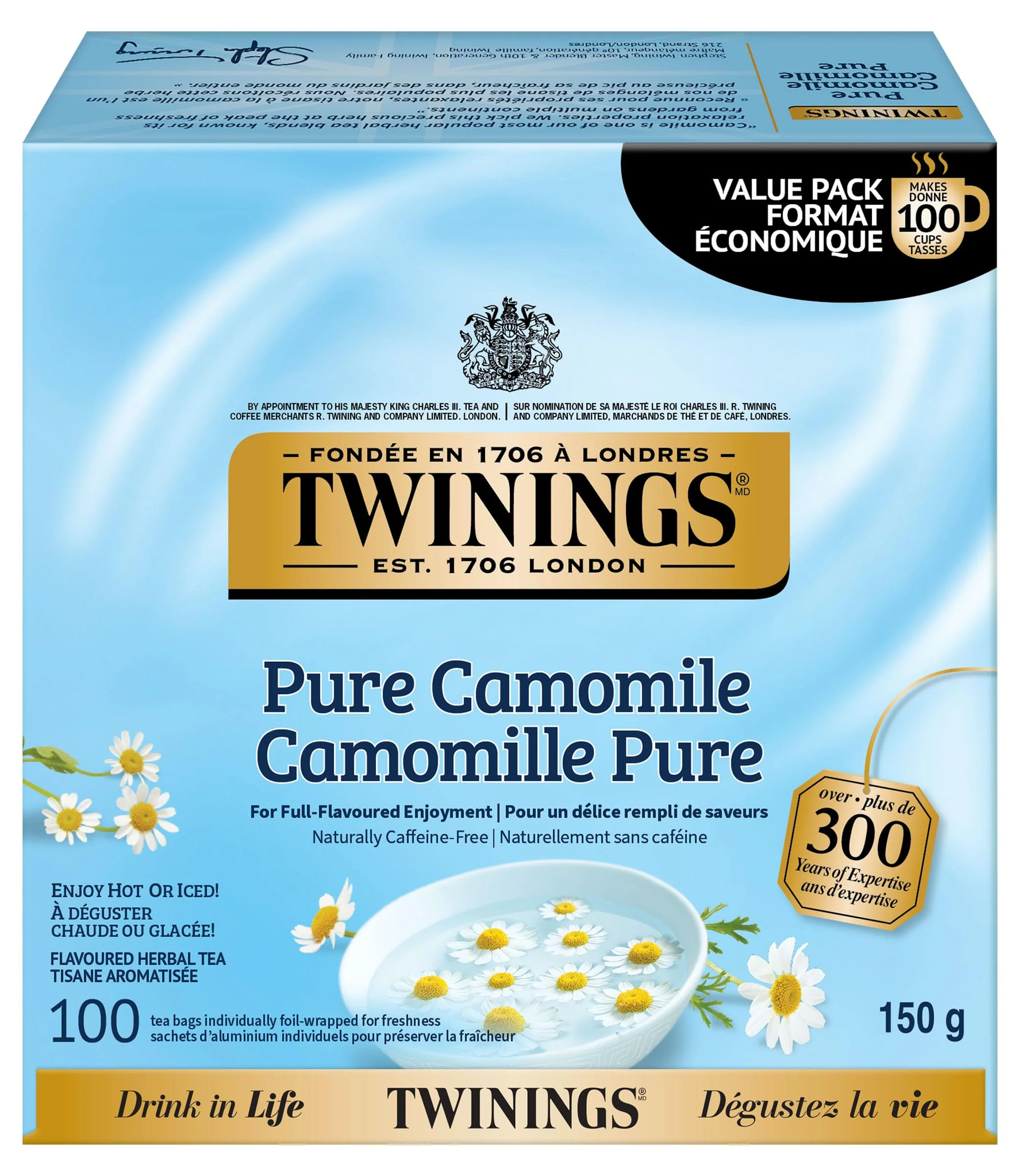 Twinings Pure Camomile Herbal Tea Bags | Caffeine-Free | 100% Natural Camomile Blossoms | 400 Tea Bags (4 Boxes of 100) - Canadian Distribution - Ships Free Within Canada on Orders Above CAD $199