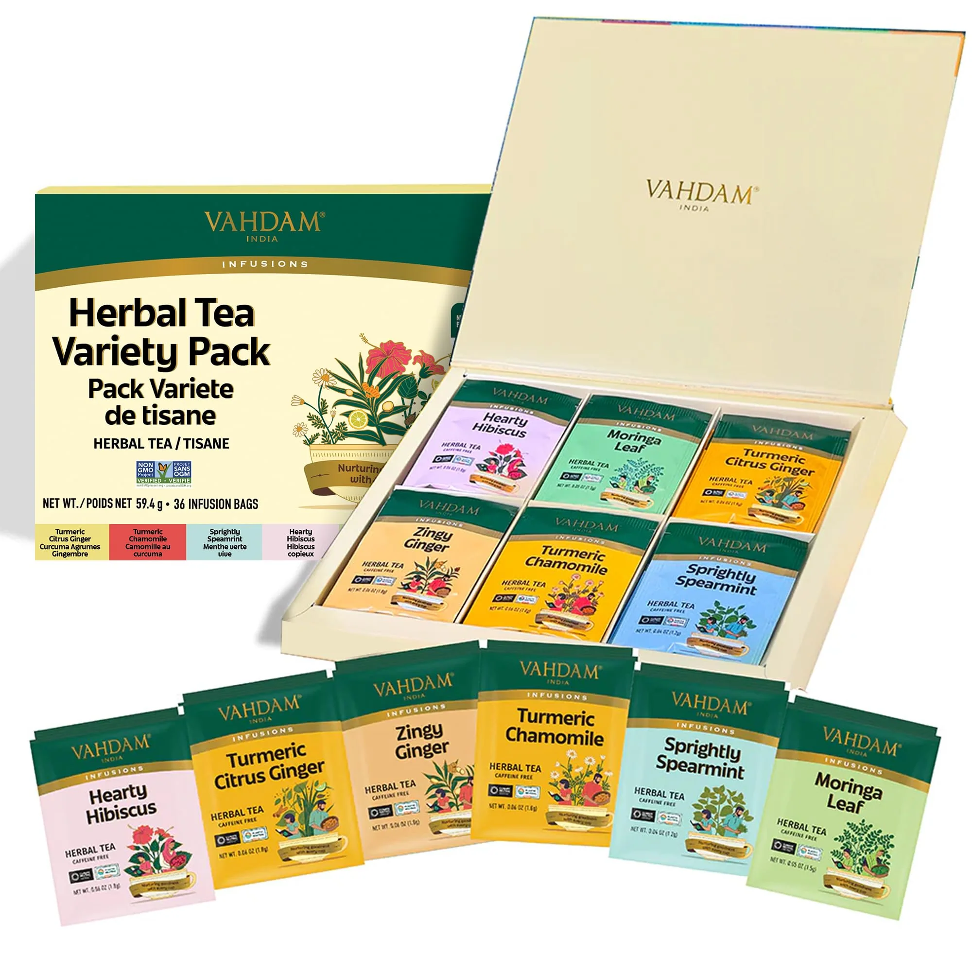 VAHDAM Herbal Tea Sampler - 36 Tea Bags in 6 Varieties | Caffeine-Free, Non-GMO Blends - Canadian Distribution - Ships Free Within Canada on Orders Above CAD $199