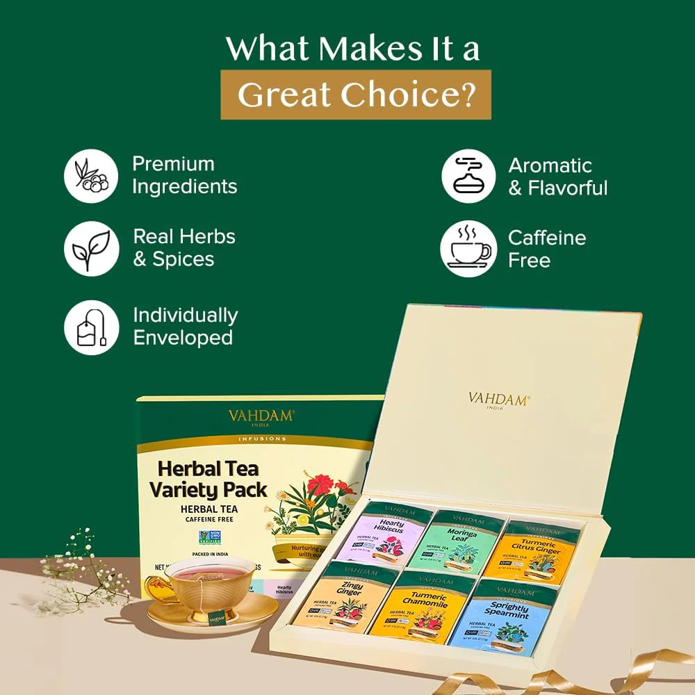 VAHDAM Herbal Tea Sampler - 36 Tea Bags in 6 Varieties | Caffeine-Free, Non-GMO Blends - Canadian Distribution - Ships Free Within Canada on Orders Above CAD $199 - Image 6