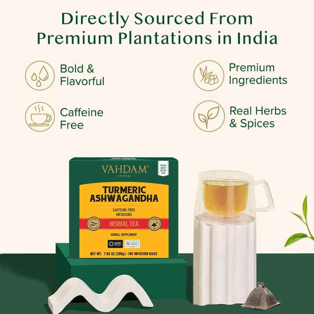 VAHDAM – Turmeric Ashwagandha Tea – Herbal – 100 Count – Caffeine free blend - Canadian Distribution - Ships Free Within Canada on Orders Above CAD $199 - Image 7