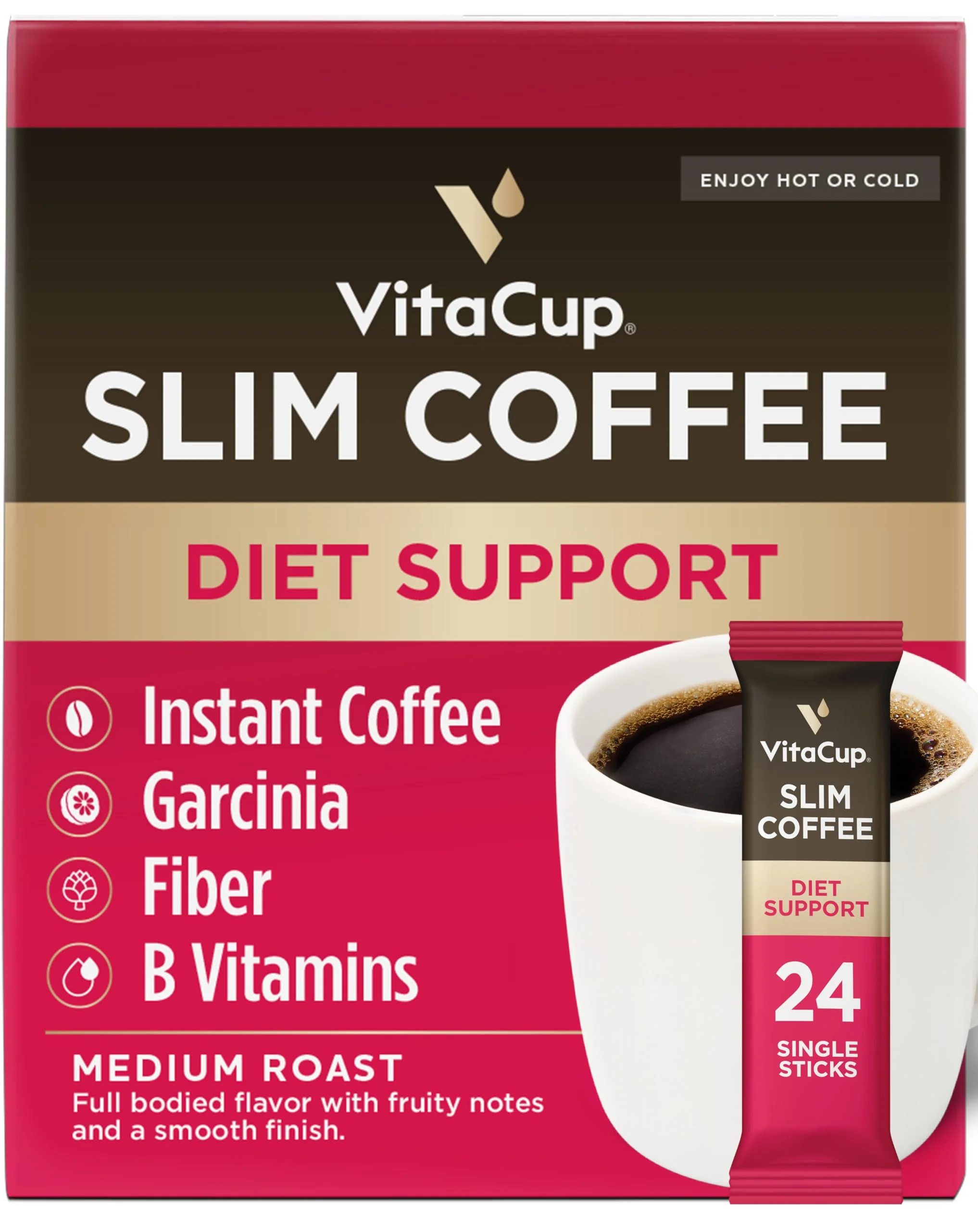 VitaCup – Slim Instant Coffee Packets – Medium Dark Roast – 24 Count – With ginseng and B vitamins - Canadian Distribution - Ships Free Within Canada on Orders Above CAD $199