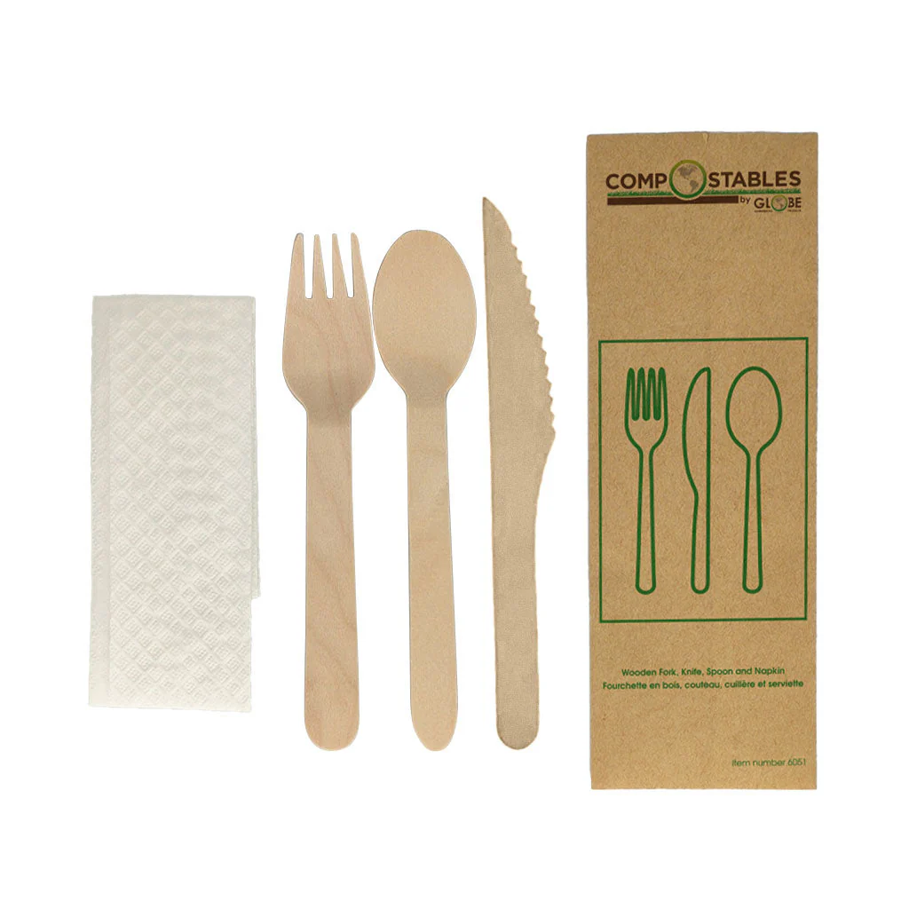 Wood Fork, Knife, Spoon and Napkin in Paper Bag - 500 Cutlery Sets - Sold By The Case