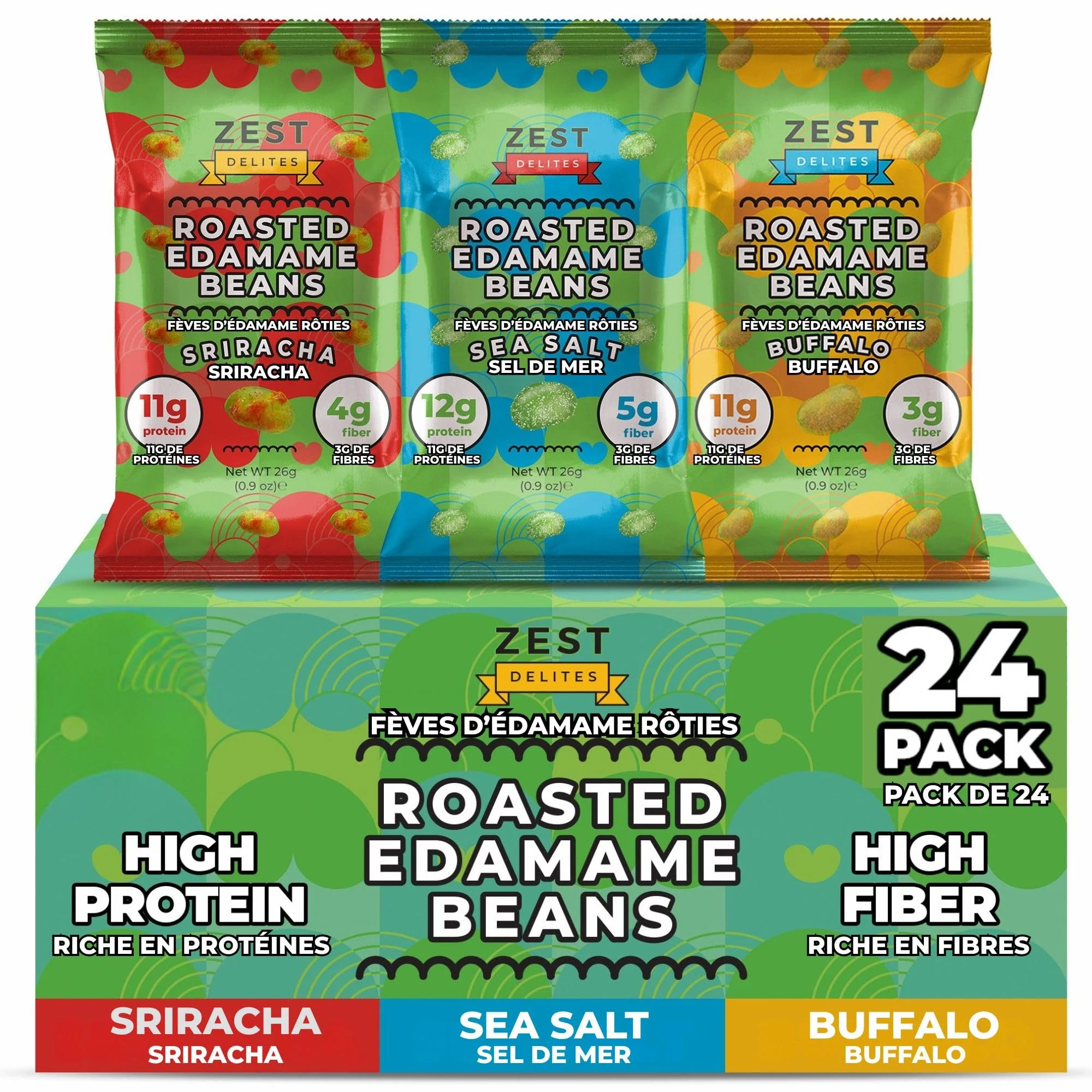 Zest Delites – Edamame Snack – Sea Salt / Sriracha / Buffalo – 26 g × 24 Packs - Canadian Distribution - Ships Free Within Canada on Orders Above CAD $199